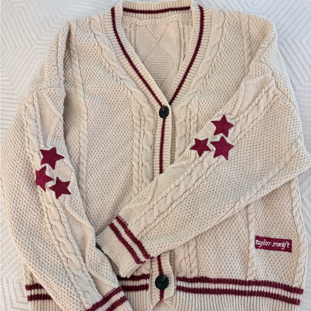 Taylor Swift Beige Cardigan with Maroon Stars